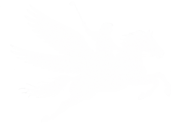 A golfer mid-swing riding a flying pegasus